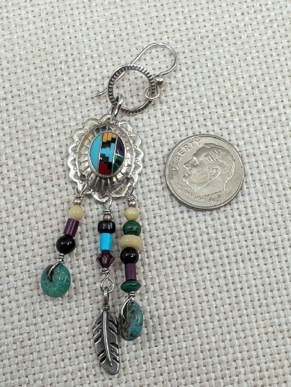 Vintage Masha 925 Sterling Inlay Concho Dreamcatcher Earrings - Picture 14 of 17